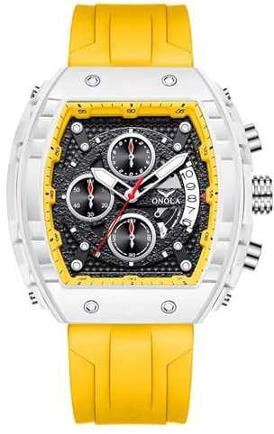 FORSINING Herren-Armbanduhr, analog, Quarz, modische Farbe, Silikonband, rechteckig, großes Zifferblatt, wasserdicht, lässig, Sport, Kalender, Datum, gelb, Armband