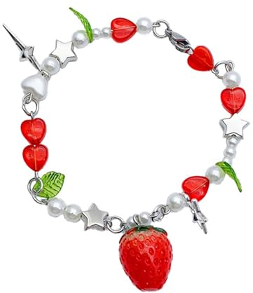 GAOINTELL Süßes Perlenarmband, zartes Erdbeer-Armband, handgefertigter Perlen-Handgelenkschmuck, Y2K-Armband, Legierungsmaterial für den Alltag