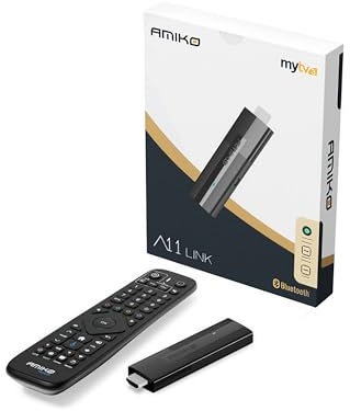 Amiko A11 LINK - 4K UHD TV Stick mit Hybrid-Bluetooth-Sprachfernbedienung, HDR10+, 2GB RAM, 16GB Speicher, Schwarz, Google Assistant integriert