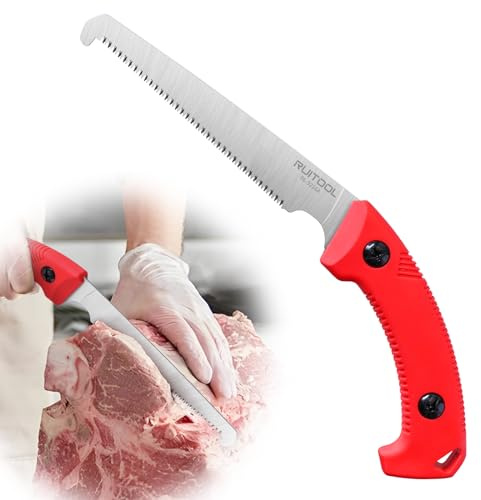 RUITOOL Sierra de hueso para caza y carnicería, sierras de camping para cortar huesos de carne de costilla de ciervo, sierra de mano portátil para exteriores con mango antideslizante, acero de alto