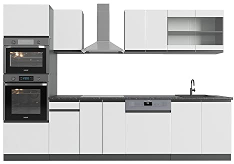 Vicco Mueble de Cocina R-Line, Blanco/Antracita, 300 cm con Armario Alto, ET Roble