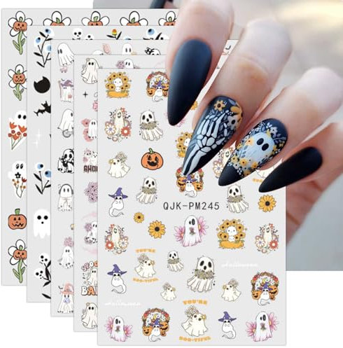 JMEOWIO 9 Sheets Halloween Nail Art Stickers Decals Self-Adhesive Cute Yellow Flower Ghost Nail Supplies Nail Art Design Decoration Accessories