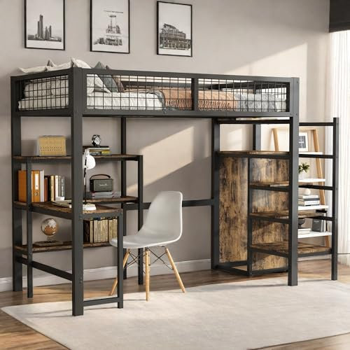 Hochbett, 1 Platz mit Schreibtisch, 140 x 200 cm, Etagenbett für Kinder, 140 x 200 cm, mit Schrank, Kinderbett mit Barriere aus Eisen, Aufbewahrungsleiter, mehrere Regale, ohne Matratze, Schwarz