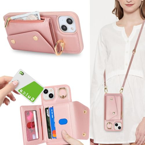 Zouzt for iPhone 15 Case with Card Holder and Strap, Card Slots Zipper Wallet Phone Case PU Leather Crossbody Lanyard Drop Protection Cover for iPhone 15 6.1 inch - Rose Gold