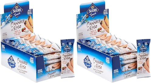 Riso Scotti Snack - Cannolo di Riso e Crema di Nocciole - Snack Dolce Senza Glutine, Senza Olio di Palma - 24 Pezzi (Confezione da 2)