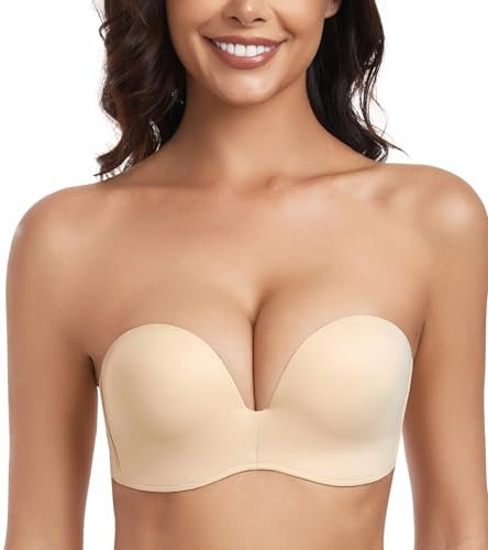 Lemorosy Push up Strapless Bra Women's Anti-Slip Invisible Seamless Wireless Lift Support(Beige,34C)