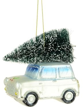 FloristryWarehouse Klassisches Mini-Auto mit Weihnachtsbaum zum Aufhängen, Glasornament, Weiß