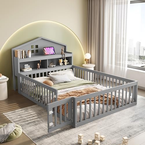 KUAKE Kinderbett Bodenbett Doppelbett 140 x 200 mit Sicherheitsgitter&mit Bilderleiste, mit Lattenrost, Ausgestattet mit Regalen und Staufächern (Grau)