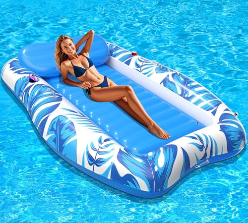DeeprBling Matelas Gonflable Piscine Adultes, Bouée Piscine Adulte avec Oreiller et Poignées, Porte-Boisson et Porte-Téléphone, Matelas Gonflable Bronzage Piscines pour Adultes, Piscine de Bronzage