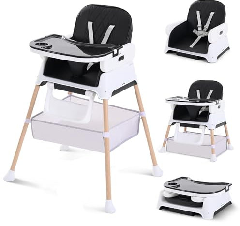 Hochstuhl Baby, Verstellbare Umwandelbare 3 in 1 Kinderhochstuhl, Tragbare Kompakte Baby Kleinkind Fütterung Stuhl Reise Hochstuhl Booster für Kleinkind, von 6 Monaten bis 3 Jahren Schwarz