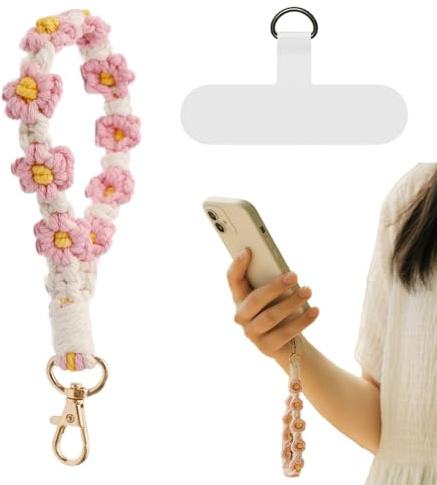 GGUFAY Lavoro a maglia a fiori Cordino per Telefono, Cordino da polso regolabile per la maggior parte degli smartphone, con toppa ultra sottile per portafoglio, portachiavi