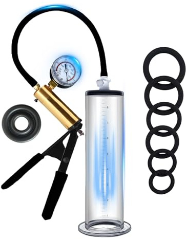 Penispumpe zur Penisvergrößerung Manuelle Penis Pumpe mit Metallgriff und Manometer Penies Pump mit 6 Silikon Penisringen Sex Spielzeug für die Männer Vakuumpumpe für Penis Extender