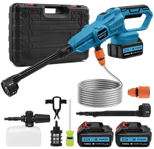 Viugreum Limpiador a Presión Inalámbrico 6 en 1 con 2*3.0Ah Baterías, Limpiador de Alta Presión Portátil de 21V, 120 bar/3,4 GPM, 3 Velocidades, Boquilla, Manguera de 5m, Cargador para Coche, Jardín