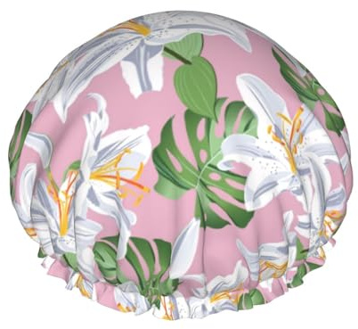 Cuffia per a doppio strato, riutilizzabile, impermeabile, con fiori di giglio, verde e rosa, grande cuffia per a da donna, con fodera in PEVA e corda elastica