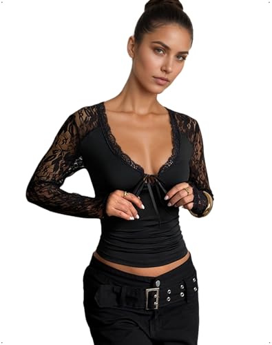 EMOTTOS Haut Sexy à Encolure en V Profonde en Dentelle pour Femme, Haut Slim Fit à Nouer sur Le Devant Style Y2K, T-Shirt à Manches Longues en Maille pour Sortir en Boîte ou en Soirée, Noir, S-L