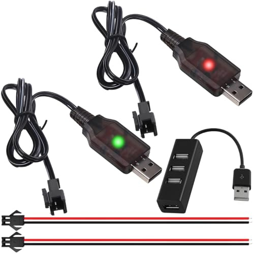 ZHUROUPU 2Pcs Drone 6V USB Charger Cable with SM-2P Plug Connector for 3.7V 4.8V 6V 7.2V Nicd/Nimh Batteries, 250mA RC Car Boat Charger Cable with LED Indicator, 4 Port USB 3.0 Hub Splitter
