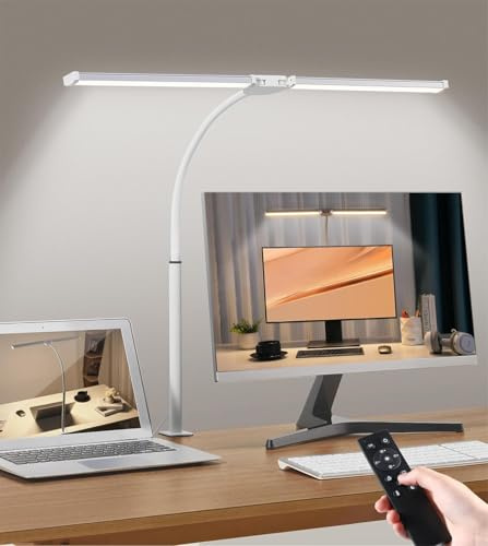 Harchols Desk Lamp with Clamp, Double Head Desk Light with Remote, White | 30 Lighting Modes, Memory Function, Remote & Button Control, Space Saving, 1-Hour Auto-Off Timer, Flexible Gooseneck