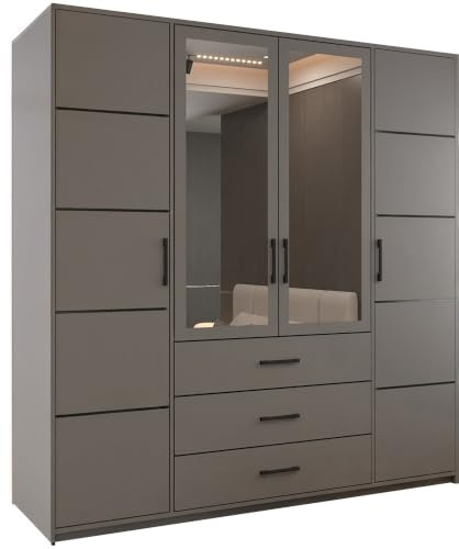 MN Furniture 4 Door Hinged Wardrobe with Mirror Panels, Drawers & Shelves, Large Storage Bedroom Cupboard, Engineered Wood, 200cm (Grey)