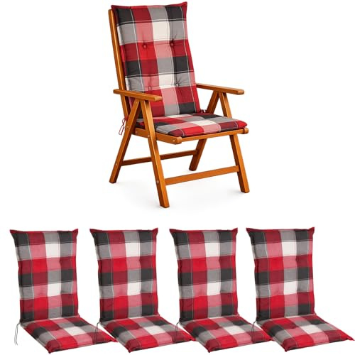 BURI Hochlehner Auflagen 4er Set 120x50x5,5 cm Rot Grau Kariert Sitzpolster | BURI Gartenstuhlauflage wetterfest mit Schaumkern, Vollvlies und Bindebändern für Sitzkomfort auf Balkon und Terrasse