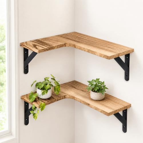 Junrvivy Corner Shelves Wall Mounted - 2 Pack Wooden Corner Floating Shelves L-Shaped Hanging Shelf Display and Storage for Book Bedroom Kitchen Bathroom Living Room Office