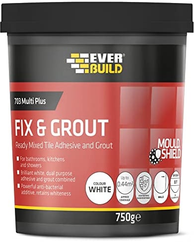 Everbuild 703 Fix And Grout Tile Adhesive – Ready Mixed – Anti-Mould – Water Resistant – High Strength – Brilliant White – 750g (package may vary)