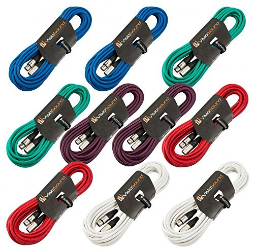 VisioSound 10 x 10m Male to Female XLR Mic Leads/Balanced Microphone Cables / 8 Colours / 10 Pack Multi-Coloured