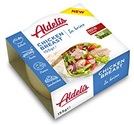 Aldelis Conserve blanc de Poulet au naturel Prêt à manger idéal salade et de sandwich. 26% de protéines, 99% sans gras et à faible teneur en sucre - Paquet de 12 x 155 gr