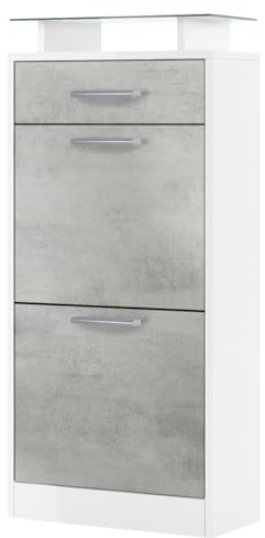 Vladon Schuhschrank Loret V2, Schuhkipper für 8 Paar Schuhe mit 2 Klappen, 1 Schublade und Glasablage, Weiß matt/Beton Oxid-Optik (46 x 104 x 23 cm)