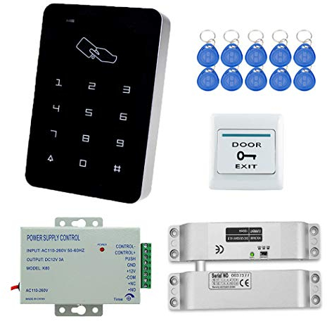 YAVIS Kit de Conjunto Completo de Teclado de Control de Acceso RFID 125KHz con DC12V Cerradura Eléctrica Cerradura de Perno Electrónico, 3A Fuente de Alimentación, Botón de Salida, 10pcs ID llaveros