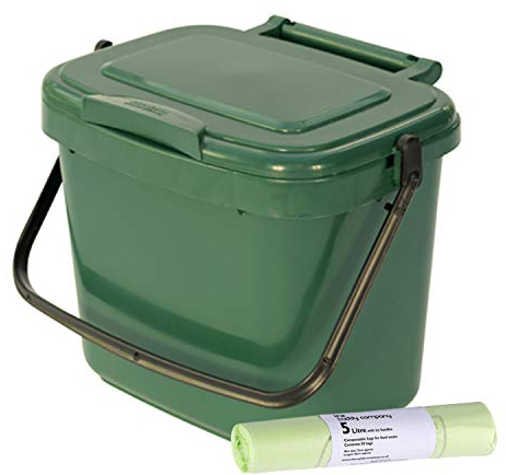 5 Litre Plastic Kitchen Compost Caddy with 50x Tie handle bags, Green