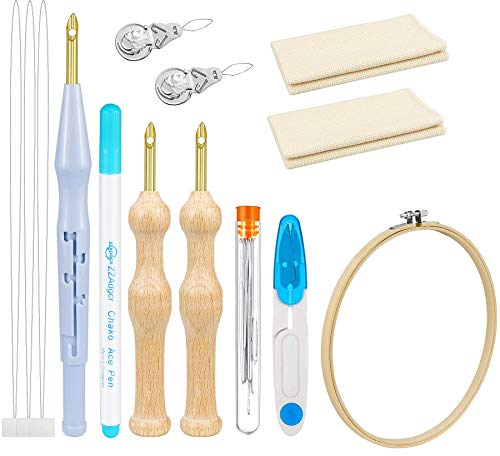 Dreamtop 22 Stück Stanznadel Stickset Punch Needle Set Holzgriff Stickstifte Verstellbarer Teppich Garn Stanznadel Stanzen Nadel Tuch Nadeleinfädler Werkzeuge für DIY Nähen Stickerei