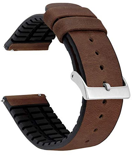 BARTON WATCH BANDS, 20mm Walnut Brown - Leather and Rubber Hybrid Watch Bands with Integrated Quick Release Spring Bars - 316L Stainless Steel - Choose Strap Color & Width