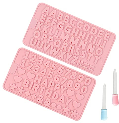 Molde Letras Silicona, Molde Silicona de Números 0-9, Molde Dulce Chocolate Símbolos Feliz Cumpleaños, 2 Piezas, Rosa