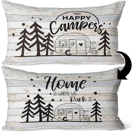 Happy Camper Home is Where We Park It Wende-Kissenbezug, Camping-Liebhaber-Geschenke, Wohnmobile-Geschenke, Wohnwagen-Dekoration, 30.5x50.8 cm, Camper Leinen-Kissenbezug, Bett, Sofa Dekor