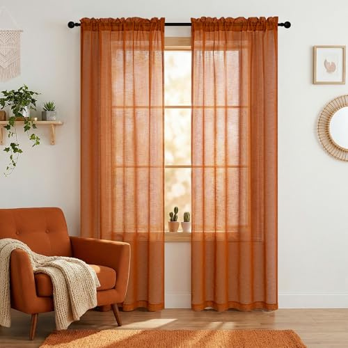 Bohemian Sheer Curtains 96 Inch Length for Dining Room Rod Pocket Burnt Orange Textured Light Filtering Drapes for Patio Sliding Door Floor Living Room Pumpkin Boho Decor Rust Tangerine 8 Ft Long