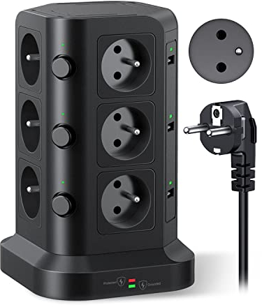 KOOSLA 12 Prises 2P+T de Type-E (France) Tour Multiprise avec 6 Ports USB(4000W/16A), Multiprise Electrique parafoudre et surtension, 3 Interrupteur Individuel, 2M Cordon, Noir