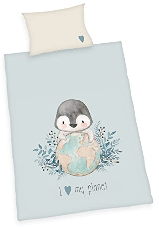 Pinguin Bettwäsche Made in Green, Kopfkissenbezug ca. 40x60 cm mit Hoteleinschlag, Bettbezug ca. 100x135 cm mit leichtläufigem Markenreißverschluss, 100% Baumwolle, Renforcé