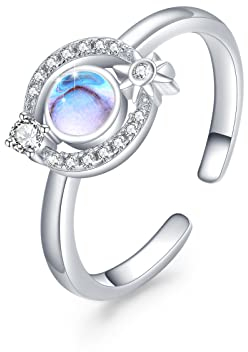 Regenbogen Mondstein Ringe 925 Sterling Silber Mondstein Ring Verstellbar Offener Planet Ring Verlobung Schmuck für Damen für Mädchen Mutter Schwester