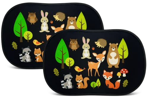HECKBO 2X Auto Sonnenblende mit 8 Saugnäpfen - Waldtiere Tiere Motiv - 48x31cm - Auto Fenster Seitenfenster Sonnenschutz Autosonnenblende Seitenscheibe - mit Tasche - für Baby Kinder Mädchen Jungen