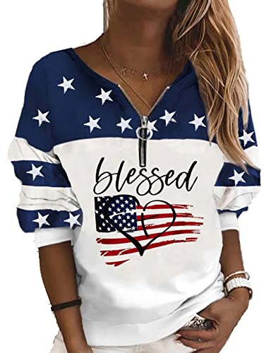 Sweat à capuche pour femme avec drapeau américain - Style décontracté à rayures - Fermeture éclair - Style patriotique américain, white, M