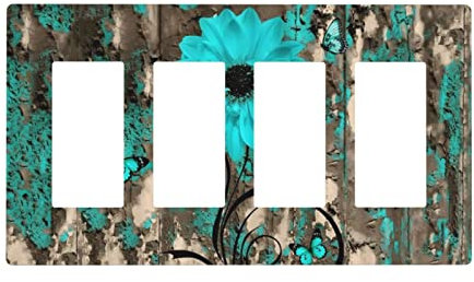 Vintage Türkis Blume 4 Gang Quad Rocker Lichtschalter Abdeckplatte Dekorative elektrische Frontplatte für Badezimmer Zuhause Schlafzimmer Dekorieren Jumbo Größe Schraubenlos 21,1 cm x 4,6 cm