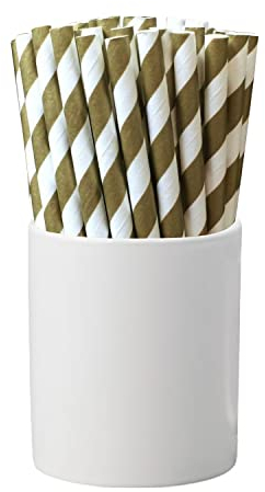 Trimming Shop Striped Paper Drinking Straws – 100% Compostable, Sturdy & Non-Soggy – Food-Safe Ink, Eco-Consious, Multi-Layered, Gold & White, 100 Pack
