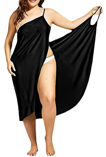 Minetom Damen V-Ausschnitt Lang Kleid Sommer Bikini Cover Up Wickelkleid Bademantel Handtuch Reise Spa Schwimmen Einfarbig Strandkleider B Schwarz 3XL