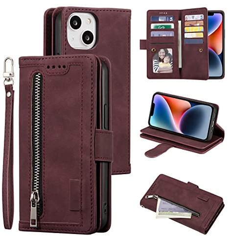 UEEBAI Wallet Case for iPhone 14 6.1 inch, Retro 9 Card Holder Slots Zipper Pocket Handbag Case PU Leather Magnetic Closure Kickstand with Wrist Strap TPU Shockproof Flip Case - Red Wine