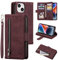 UEEBAI Wallet Case for iPhone 14 6.1 inch, Retro 9 Card Holder Slots Zipper Pocket Handbag Case PU Leather Magnetic Closure Kickstand with Wrist Strap TPU Shockproof Flip Case - Red Wine
