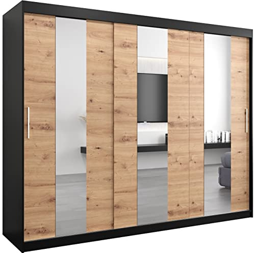 MEBLE KRYSPOL Pole 250 Schlafzimmerschrank mit DREI Schiebetüren, Spiegel, Kleiderstange und Regalen – 250x200x62cm - Mattschwarz + Artisan