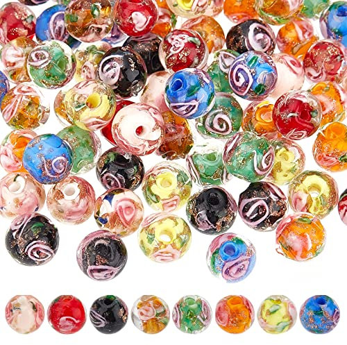 OLYCRAFT 80 unidades de 8 mm de oro arena Murano perlas de cristal hecho a mano, flor interior, perlas redondas, perlas espaciadoras para rosario, fabricación de joyas, artesanía con agujero de 1,4