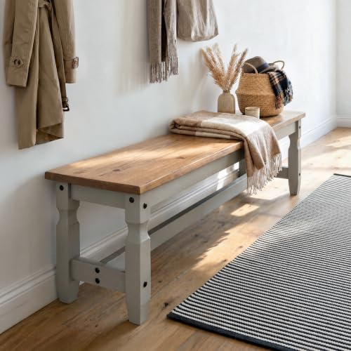 Mercers Furniture Corona Grey Wax 5'0 Bench Solid Wood Pine Wooden Painted Hallway Dining Kitchen Shabby Chic Mexican Style 45cm High 153cm Wide 38cm Deep