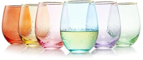 Vintage Art Deco Stemless Wine Glasses | Set of 6 | 15 oz Crystal Classic Cocktail Glassware - Red & White Wine, Whiskey, Water, Cosmopolitan, Sidecar, Crystal Speakeasy Style Saucer Stemless Goblets