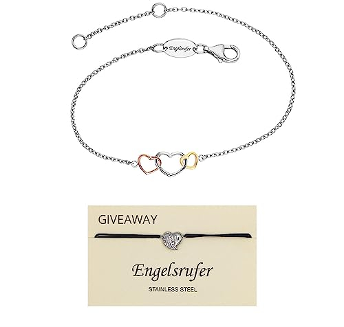 Engelsrufer Set aus 1x Damen Armband mit dreifarbigem tricolor Herz Anhänger aus Sterling Silber, Karabinerverschluss, und 1x Armband Herzflügel aus Edelstahl